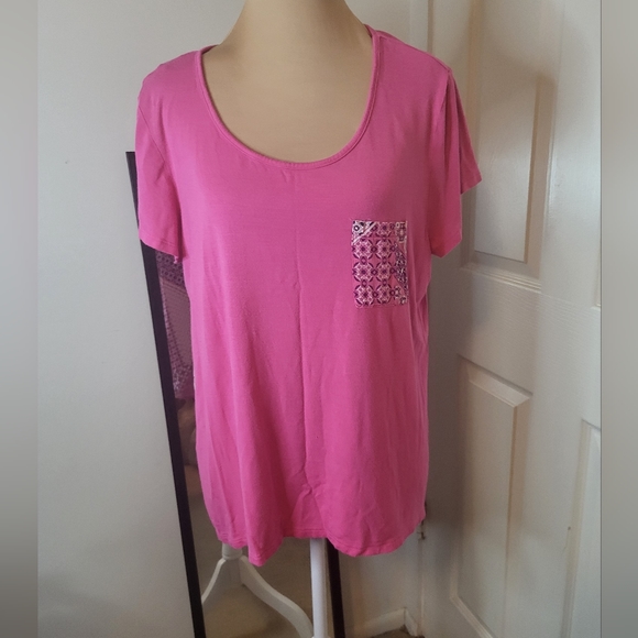 St. John's Bay Tops - St. John's Bay - Pink, Purple and White Patterned Top, Size PXL